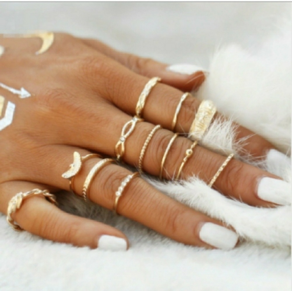 12 Ring Set Bohemian Gold Stackable - Picture 2 of 5